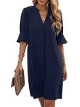 Famulily Women Fashion V-Neck Loose Fit Comfy Dress Short Bell Sleeve Work Dresses Navy Blue M