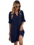 Famulily Women Fashion V-Neck Loose Fit Comfy Dress Short Bell Sleeve Work Dresses Navy Blue M