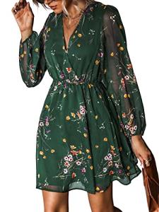 CUPSHE Women's Floral Print Chiffon A-Line Mini Dress Long Peasant Sleeves Elastic Autumn Dress Green M