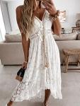 CUPSHE Women's Summer Slip Boho Maxi Dress Lace Up Tassel V-Neck Flare Ruffle Beach Dresses White XL