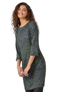 Roman Originals Shift Dress for Women UK - Ladies Print Winter Smart Work Office Casual Formal Party Comfortable Tunic 3/4 Sleeve Knee Length Plaid Smock - Green - Size 20