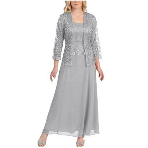 HAOLEI Women Dresses Sale Clearance Mother of The Bride Dress for Wedding UK 2 Pieces Lace Cardigan Set Maxi Dresses Casual Solid Sleeveles Chiffon Work Dress Half Sleeve Party Evening Long Dresses Gray