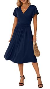 GRECERELLE Womens Summer Wrap Dress Ladies Casual Ruffle Short Sleeve V-Neck Floral Beach Dresses for Women (02 Navy Blue, L)