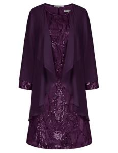 Ladies Retro Round Neck Spaghetti Dress + Blouse Two-Piece Set Birthday Formal Occasion Dress Deep Purple XXL