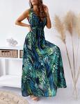 TOPLAZA Maxi Dresses for Women Summer Beach Floral Dress V Neck Sleeveless, Green, M