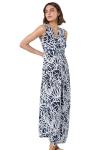 Roman Originals Maxi Dress for Women UK Ladies Twist Knot Front Floral Summer Party Casual Holiday Bohemian Boho Beach Evening Long Floor Length Sleeveless V Neck - Navy & White - Size 18