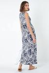 Roman Originals Maxi Dress for Women UK Ladies Twist Knot Front Floral Summer Party Casual Holiday Bohemian Boho Beach Evening Long Floor Length Sleeveless V Neck - Navy & White - Size 18