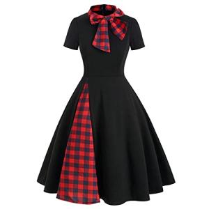 FeMereina Womens Vintage Christmas Maxi Dress Casual Plaid Patchword Bow Rockabilly Long Dresses Party Cocktail Dress (Black, X-Large)