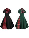 FeMereina Womens Vintage Christmas Maxi Dress Casual Plaid Patchword Bow Rockabilly Long Dresses Party Cocktail Dress (Black, X-Large)