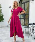 Long Black Formal Dresses for Women Gowns Evening Party Cocktail Dress,Split Elegant V Neck Wrap Ruffle Wedding Guest Dresses, Magenta, XL