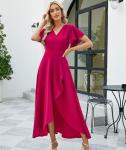 Long Black Formal Dresses for Women Gowns Evening Party Cocktail Dress,Split Elegant V Neck Wrap Ruffle Wedding Guest Dresses, Magenta, XL