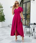 Long Black Formal Dresses for Women Gowns Evening Party Cocktail Dress,Split Elegant V Neck Wrap Ruffle Wedding Guest Dresses, Magenta, XL