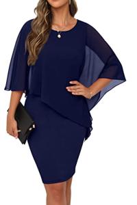 QIXING Womens Summer Casual Dress Loose Batwing Sleeve Crew Neck Chiffon Cape Elegant Midi Cocktail Pencil Dresses for Women UK for Funeral Party Wedding (Navy Blue, L)
