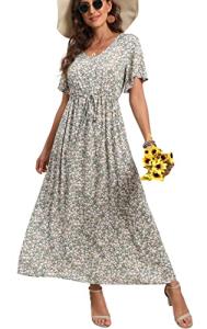 GRECERELLE Womens Summer Maxi Boho Beach Dress Floral Print Dress V Neck Short Sleeve Drawstring High Waist Flowy Long Midi Dresses (Lily Green, L)