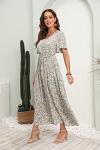 GRECERELLE Womens Summer Maxi Boho Beach Dress Floral Print Dress V Neck Short Sleeve Drawstring High Waist Flowy Long Midi Dresses (Lily Green, L)