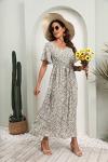 GRECERELLE Womens Summer Maxi Boho Beach Dress Floral Print Dress V Neck Short Sleeve Drawstring High Waist Flowy Long Midi Dresses (Lily Green, L)