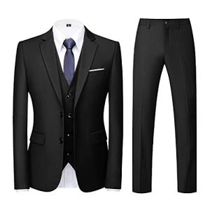 Men Suits 3 Piece Slim Fit Single Breasted Two Button Black Wedding Tuxedo Suit Blazer Waistcoat Trousers(Black,Larger)