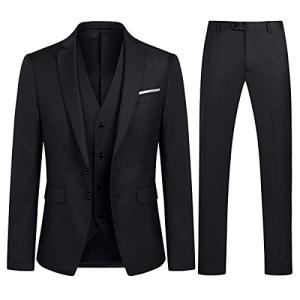 YOUTHUP Mens Slim Fit 3 Piece Suit 2 Button Business Wedding Suits Tuxedo Blazer Waistcoat Trousers, Black, M