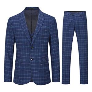 Mens 3 Piece Slim Fit Checked Suit / Single Breasted Vintage Suit, Navy, L