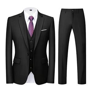 Men Suits 3 Piece Slim Fit Single Breasted One Button Black Tuxedo Suit Blazer Waistcoat Trousers(Black,X-Larger)