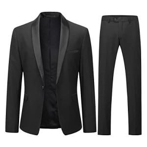 YOUTHUP Men's Suit Slim Fit 2 Piece Suits Shawl Lapel 1 Button Wedding Dinner Tuxedo Blazer Pants,Black,L