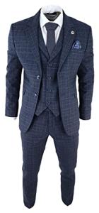 Mens Tweed 3 Piece Suit Blue Check Vintage 1920s Gatsby Blinders Tailored Fit - Blue 40