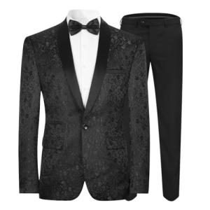 Allthemen Mens 2 Piece Jacquard Suit One Button Tuxedo Slim Fit Shawl Collar Dress Suits Black L
