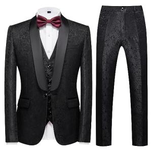 Men's Suits 3 Piece Regular Fit Skinny Paisley Jacquard Tuxedo Suit for Wedding Casual Business Dinner Party Tuxedo Suit Set Black