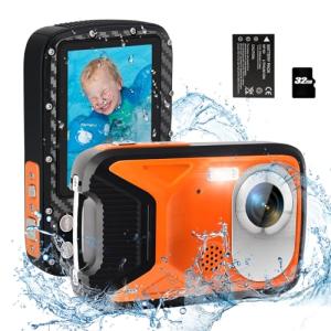 Ishare Waterproof Digital Camera with a Battery and 32GB Micro Card,30MP Small Underwater Cameras with PC Webcam and Picture Editing Function,Children Video Camera for Kids/Adult/Elderly/Beginners(Orange)