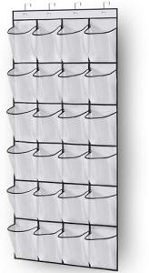 MISSLO Over the Door Shoe Storage Organiser Hanging Shoe Rack Holder 24 Large Mesh Pockets for Wardrobe Door Tidy with Hanger(White)