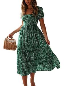 Colisha Womens Short Puff Sleeve Square Neck Floral Midi Dresses Flared Flowy Chiffon Maxi Dress Summer Beach Holiday Sundress L Green