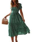 Colisha Womens Short Puff Sleeve Square Neck Floral Midi Dresses Flared Flowy Chiffon Maxi Dress Summer Beach Holiday Sundress L Green
