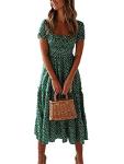 Colisha Womens Short Puff Sleeve Square Neck Floral Midi Dresses Flared Flowy Chiffon Maxi Dress Summer Beach Holiday Sundress L Green