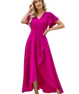 Long Black Formal Dresses for Women Gowns Evening Party Cocktail Dress,Split Elegant V Neck Wrap Ruffle Wedding Guest Dresses, Magenta, XL
