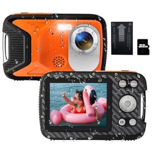 Ishare Waterproof Digital Camera with a Battery and 32GB Micro Card,30MP Small Underwater Cameras with PC Webcam and Picture Editing Function,Children Video Camera for Kids/Adult/Elderly/Beginners(Orange)