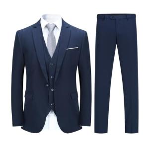 Mens Suits 3 Pieces Fitted Cut Classic Style One Button Formal Suits, Navy Blue, L