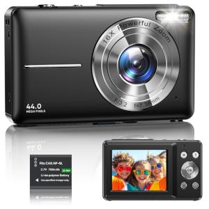 Digital Camera 1080P FHD Compact Digital Camera 44MP Portable Mini Small Photo Camera with 2.4" LCD Screen, 16X Digital Zoom and 1 Battery Vlogging Camera for Kids, Girls, Boys-Black (No SD Card)