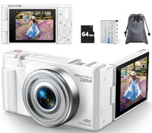 4K 72MP Autofocus Digital Camera for Vlogging YouTube & Photography, 18X Zoom Compact Camera with 64GB TF Card, 2.8" 270° Flip Screen, Webcam, Battery, for Teens Adults Beginners