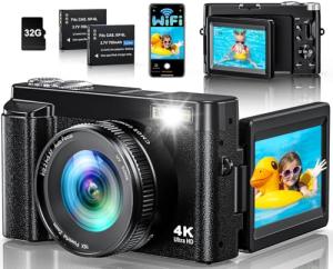 4K 64MP Digital Camera with WiFi, 180° Flip Screen, 16X Digital Zoom, Vlogging Camera for YouTube with Flash, Compact Camera with 32GB SD Card, 2 Batteries
