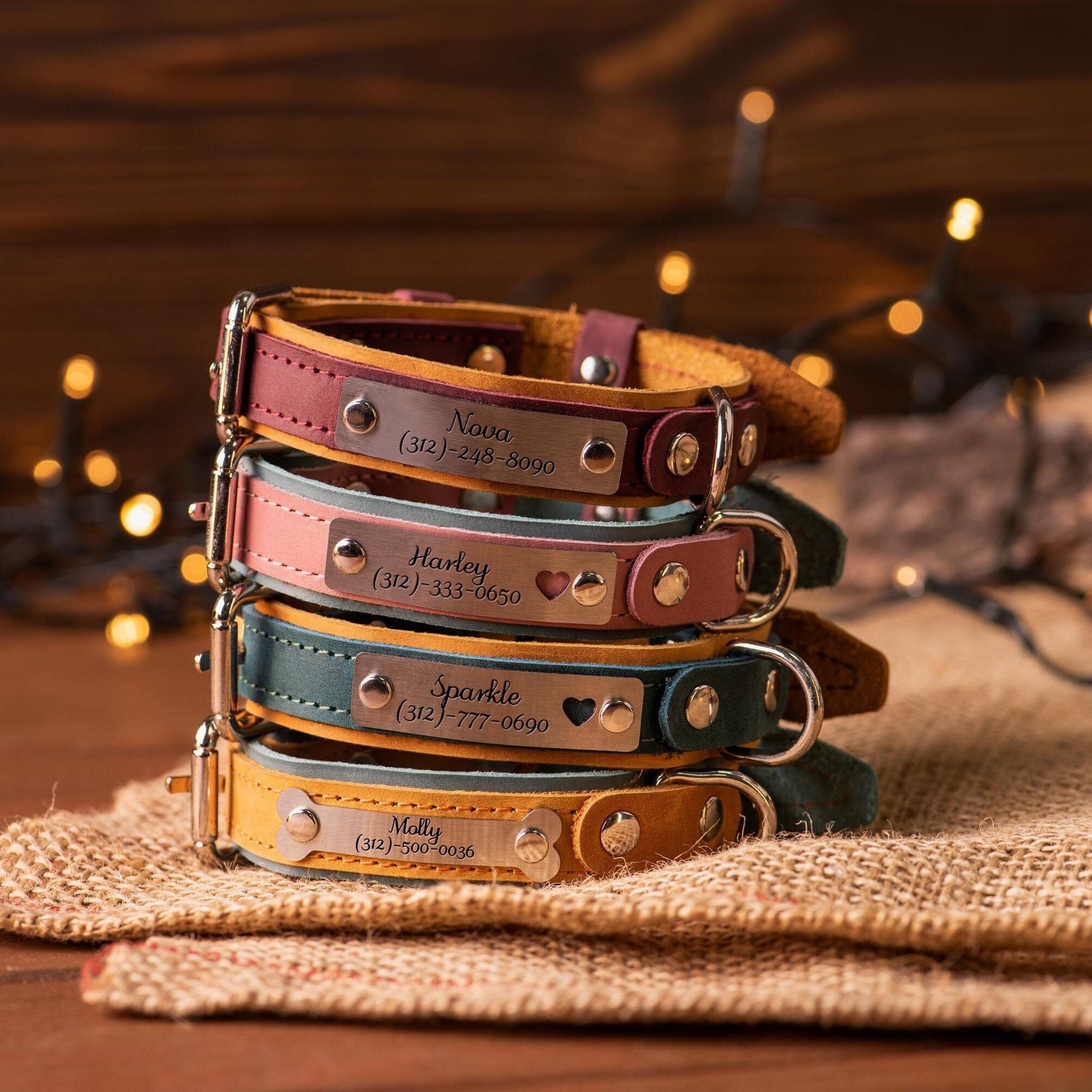 Custom Engraved Leather Dog Collar with Name Plate