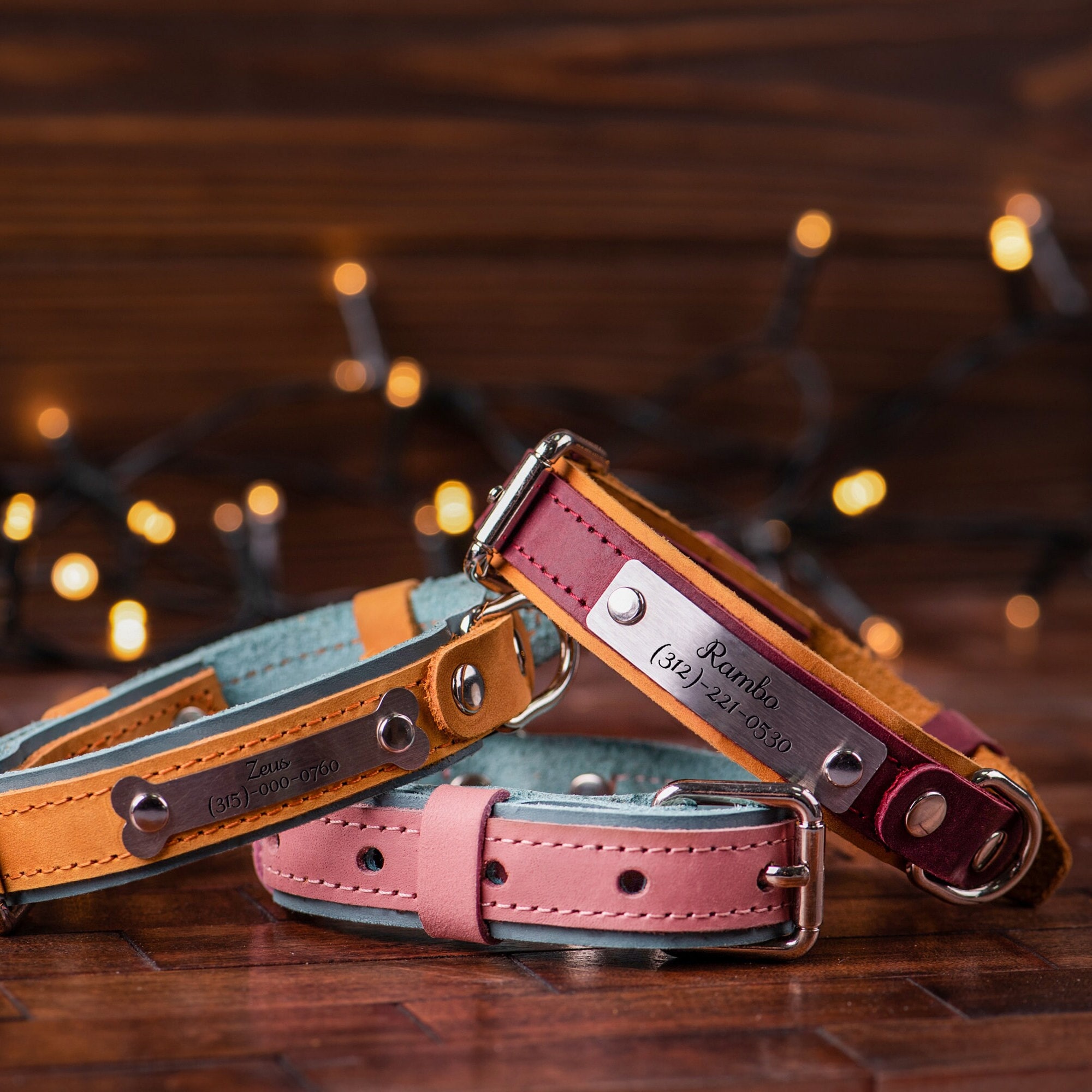 Custom Engraved Leather Dog Collar with Name Plate