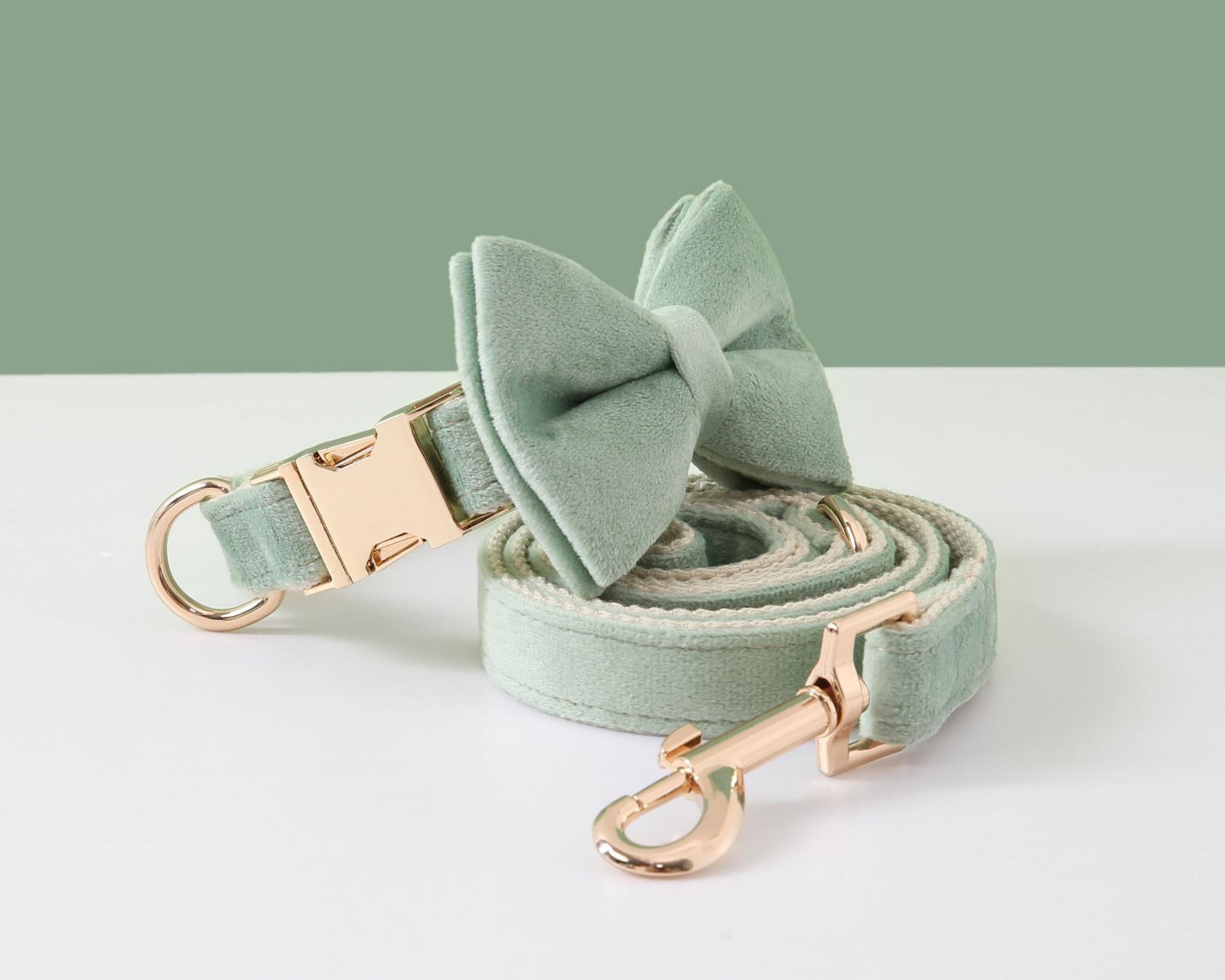 Customizable Sage Green Dog Harness and Leash Set