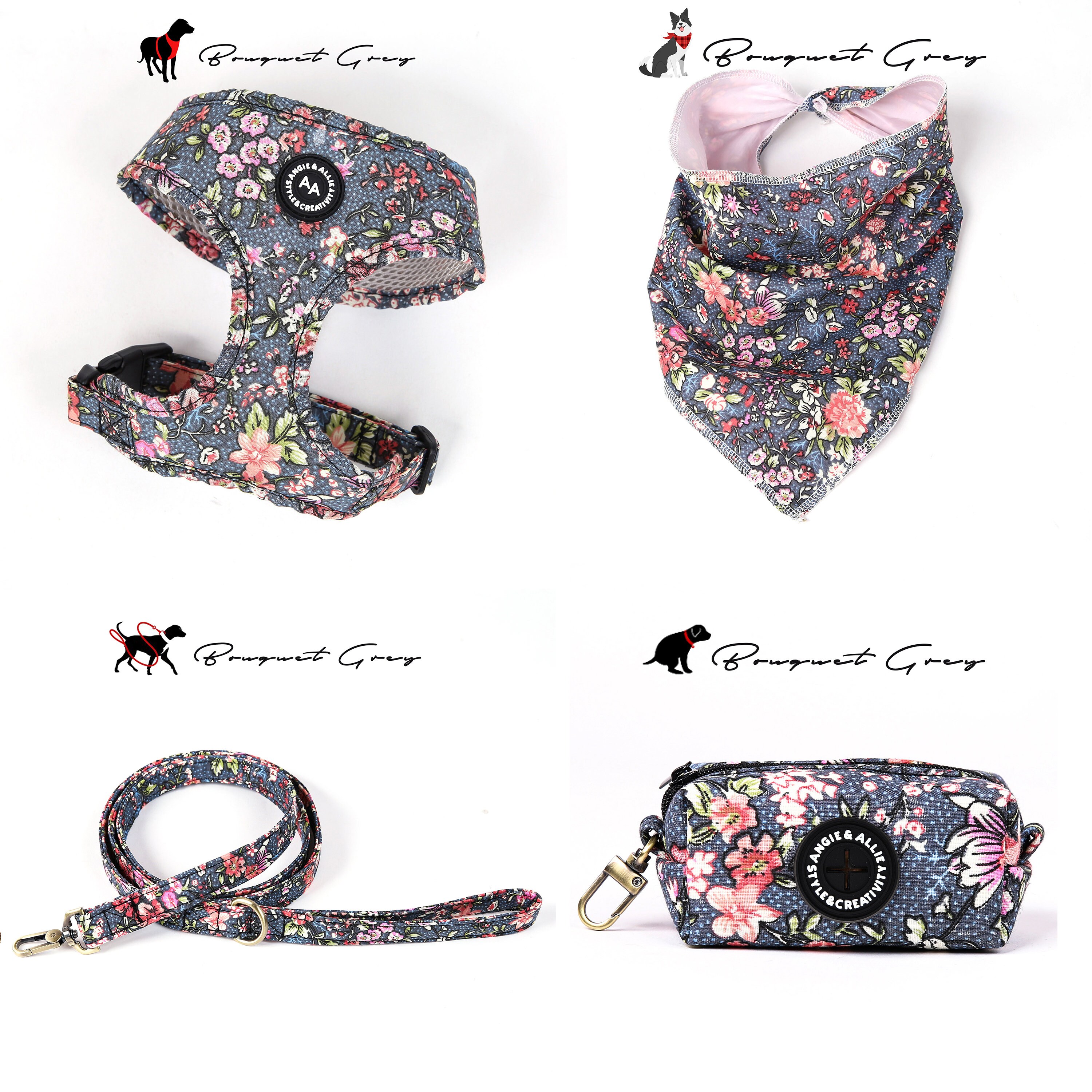 Personalized Dog Collar Harness Leash Bandana Bow Tie