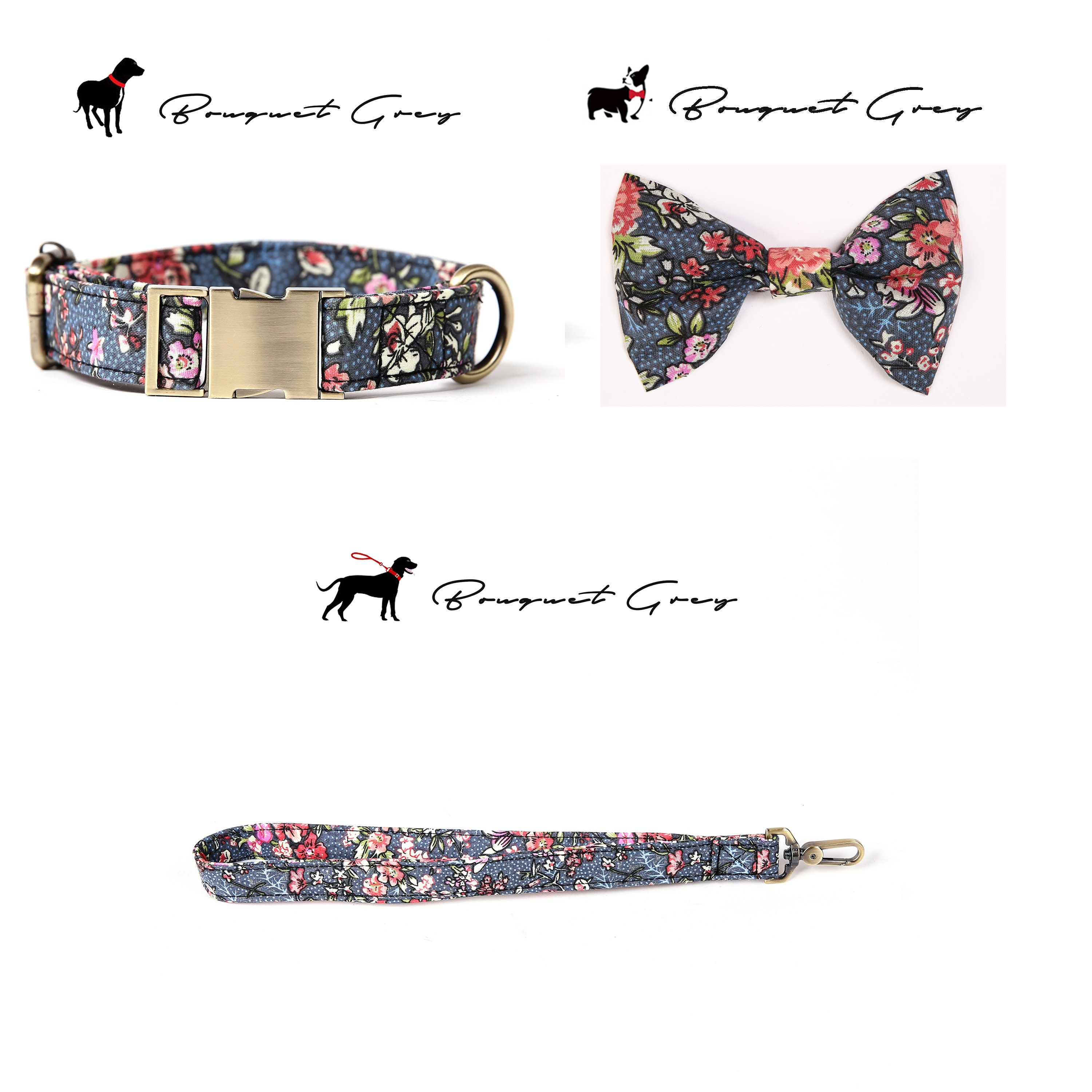 Personalized Dog Collar Harness Leash Bandana Bow Tie