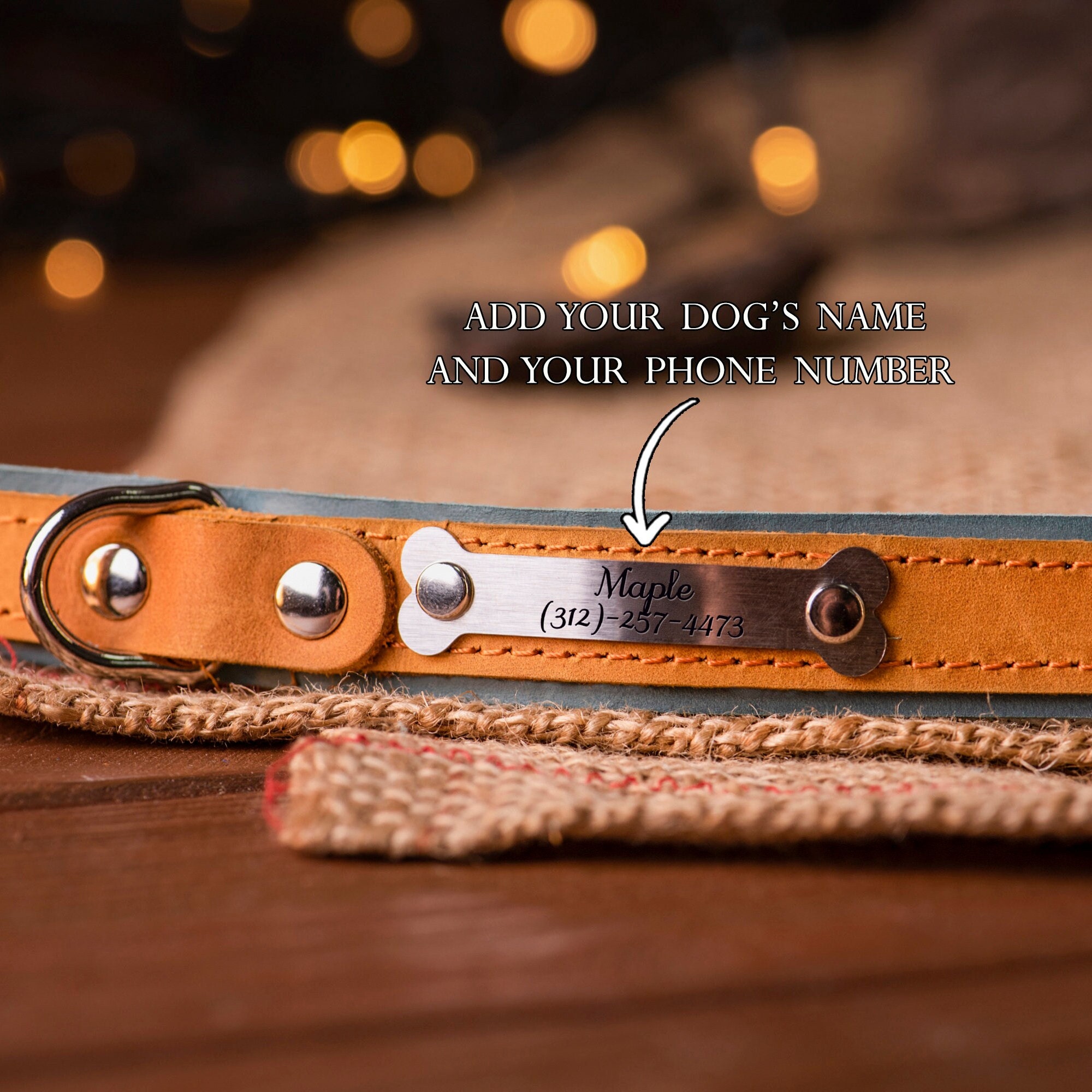 Custom Engraved Leather Dog Collar with Name Plate