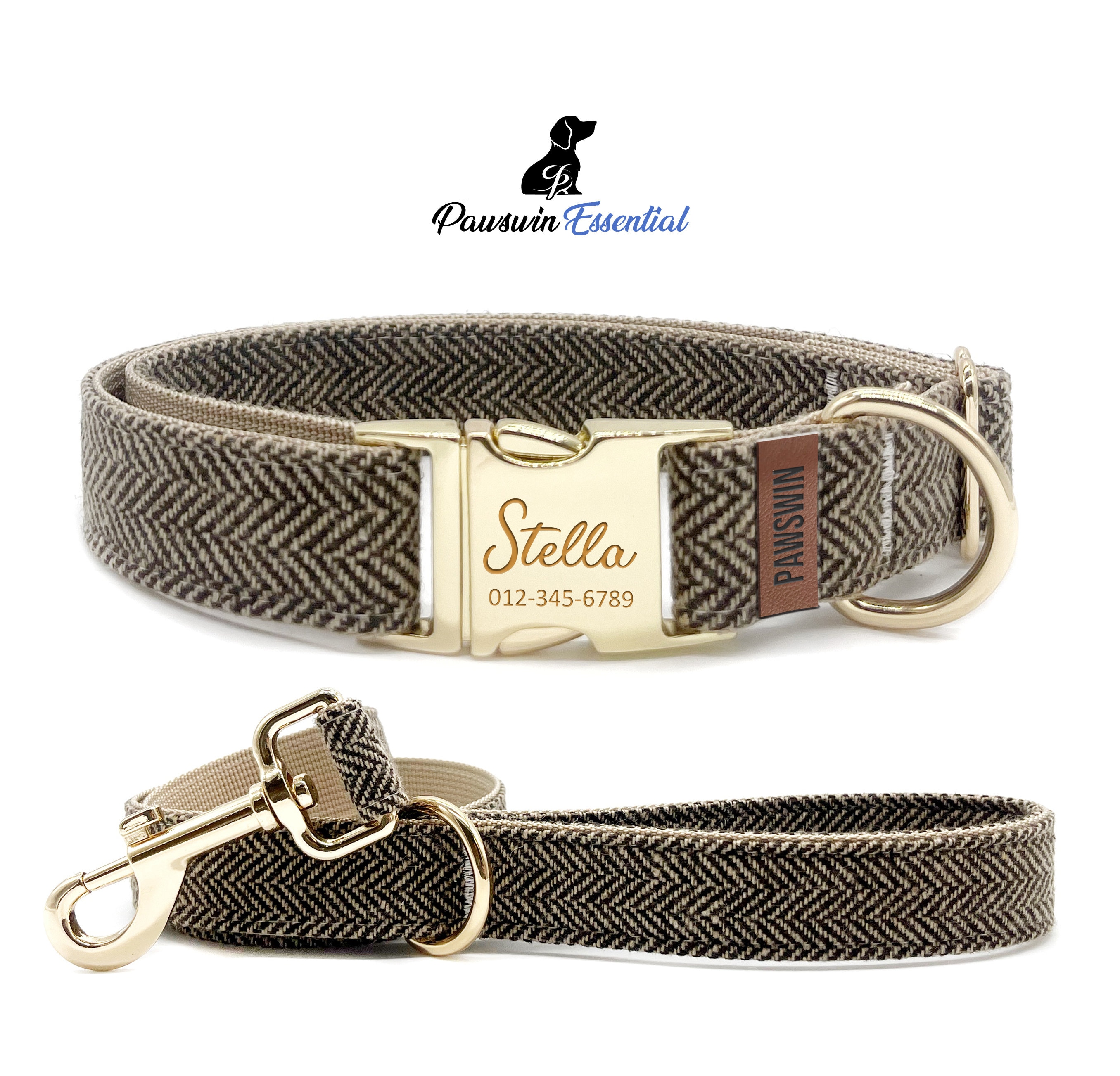 Custom Brown Chevron Dog Collar & Leash Bundle