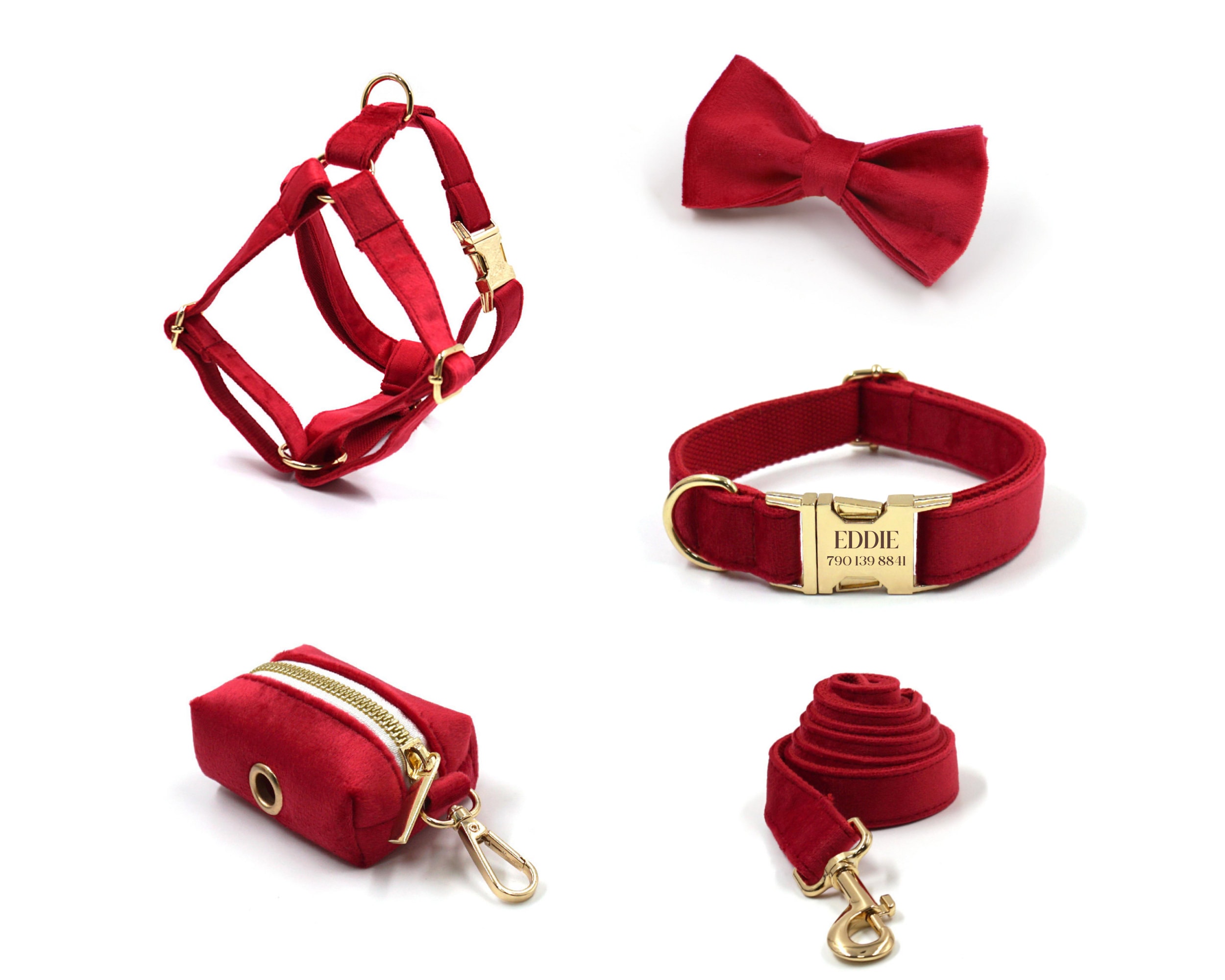 Custom Red Velvet Step-in Dog Harness Set