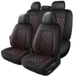 HChengkikz Car Seat Covers Full Set,Breathable and Waterproof Napa Leather Car Seat Cover,Interior Universal Fit for Cars,Sedans,SUVs,Vans,Trucks(Full Seat,Black+Red,N3)