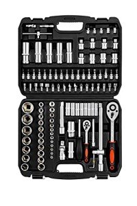 XHTT Mechanics Tools Kit,108-Piece 1/4"&1/2 Metric And Standard Socket Set,Ratchet Set,Quick Release Reversible Ratchet Wrench,Universal Joint,Extension Bars.