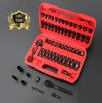 LLNDEI 1/4”Drive Impact Socket Set, 52 PCS Mechanic Tool Set with 72-Tooth Ratchet & Adapter, CR-V, Metric and SAE Sockets Storage Kit for Household Automotive Repair DIY Project